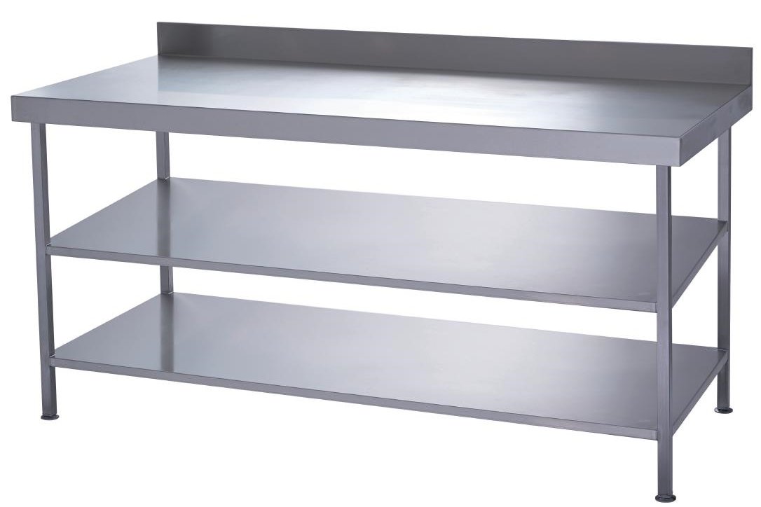 Stainless Steel Wall Bench with Upstand & Two Undershelves. In a Choice of 14 Widths & 3 Depths