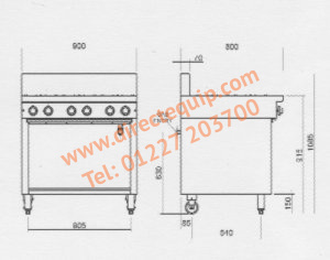 Blue Seal C9D-B Cobra 6 Burner Gas Hob Bench Model W900mm