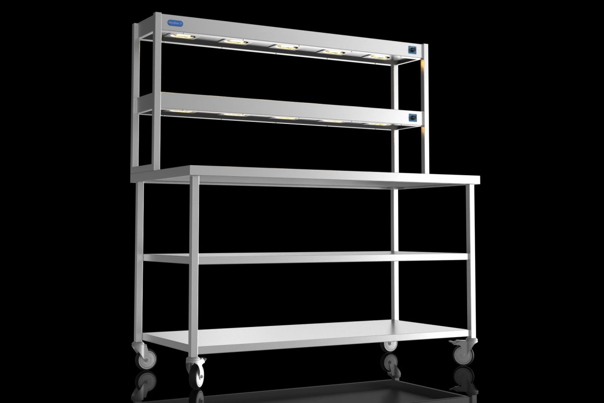 NordStar DTCMCB1500MS Mobile Centre Table with Mid Shelf & 2 Tier Heated Gantry W1500mm