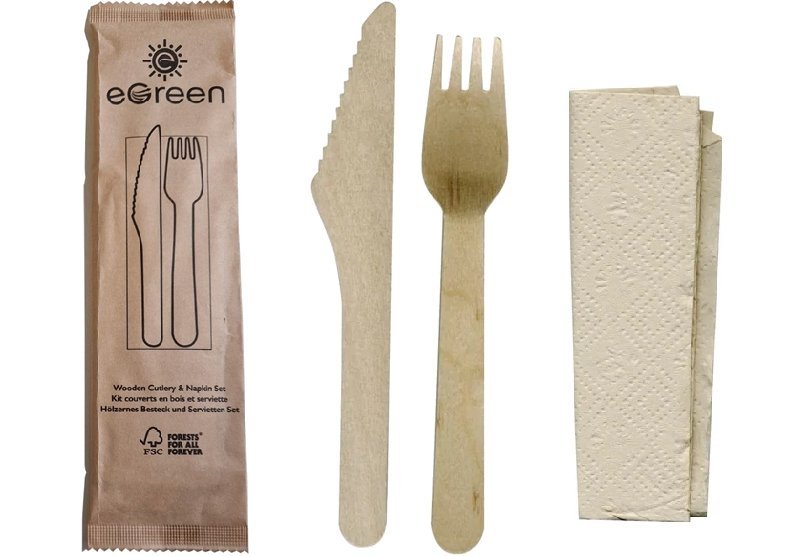 eGreen Individually Wrapped 3-in-1 Wooden Cutlery Sets (250 Pack)