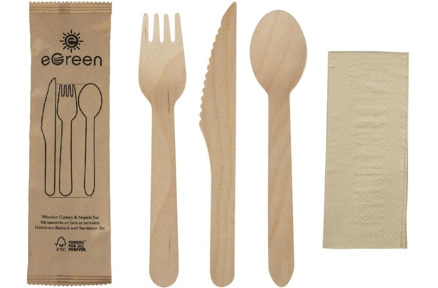 eGreen Individually Wrapped 4-in-1 Wooden Cutlery Sets (250 Pack) 