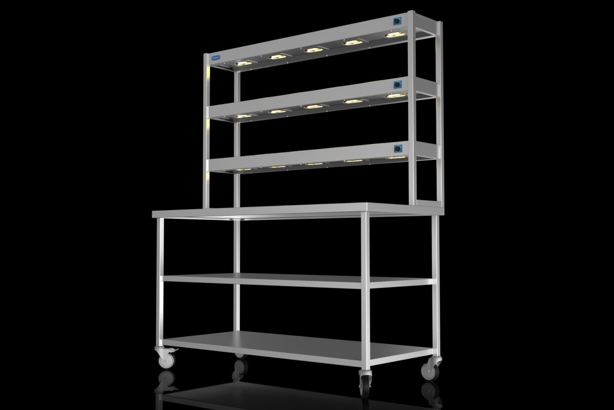 NordStar TTCMCB1500MS Mobile Centre Table with Mid Shelf & 3 Tier Heated Gantry W1500mm